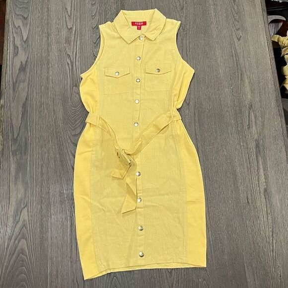 Guess Dresses & Skirts - NWOT Guess Los Angeles Linen Blend Yellow Collared Utility Tie Waist Dress Sz M